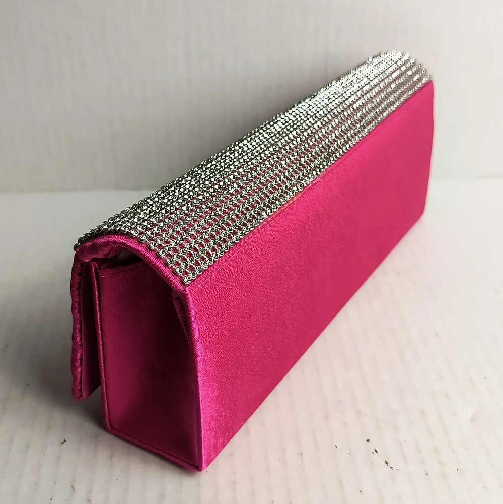 Satin Clutch Bag Faux Rhinestone Plaited Hot Pink Metal Strap Cocktail Party
